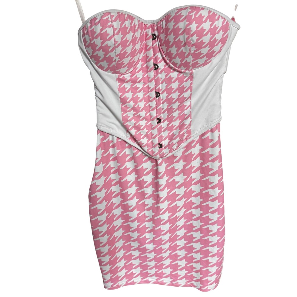 Akira Pink White Houndstooth Corset Mini Dress Strapless Bodycon Sz‎ S NWT